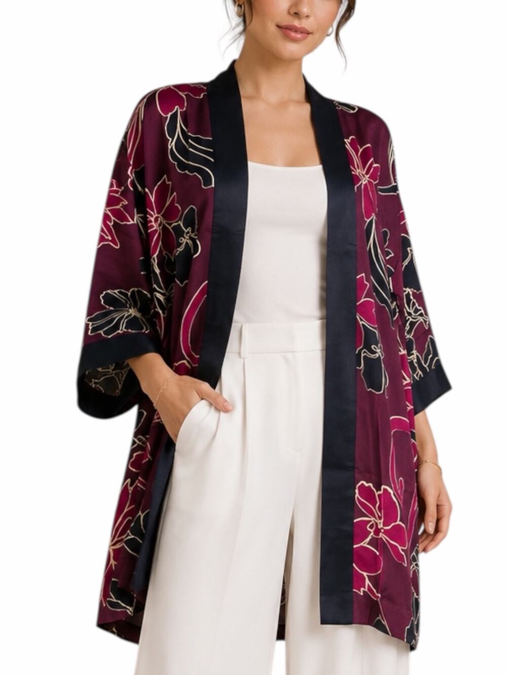 Chico's Travelers Floral Printed Kimono Jacket Deep Chianti Size L/XL